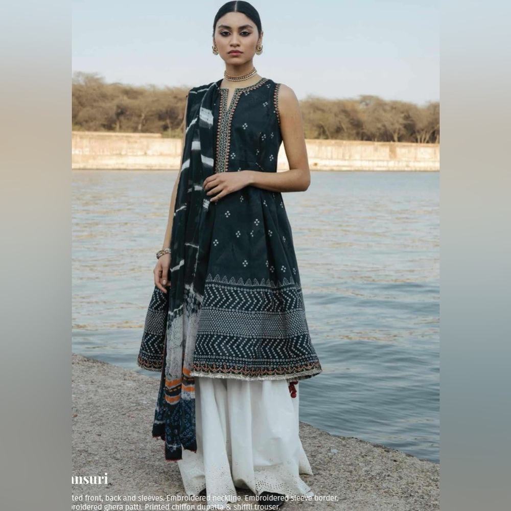 Zara Shahjahan Lawn Black and White Embroidered 3 pc suit